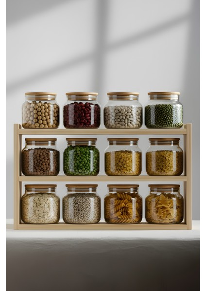 Basic Bambu Kapaklı 12'li Cam Kavanoz Seti 350 cc