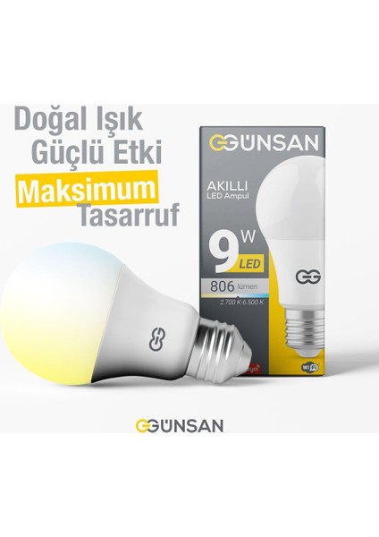 Akıllı Wifi LED Ampul Beyaz Işık Tuya ve Smart Life Uygulama Destekli (9W 2700K-6500K Ayarlanabilir)