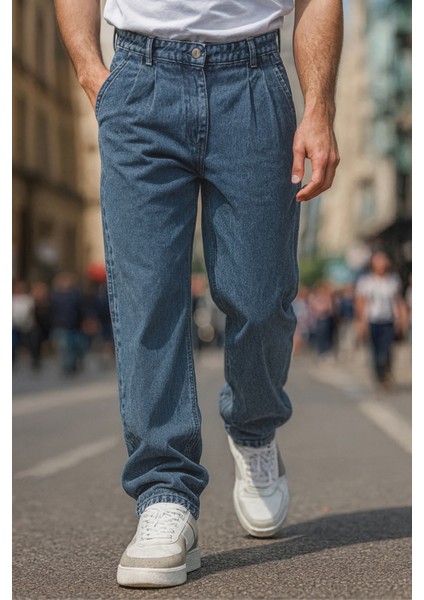 Erkek Pileli Yüksek Bel Bol Kesim Baggy Loose Fit Jean PANTOLON-C354 fırsatları