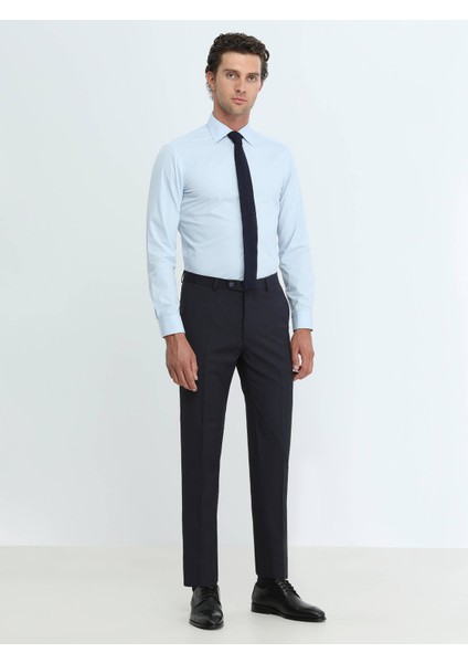 Mavi Düz Slim Fit Dokuma Klasik Pamuk Karışımlı Gömlek