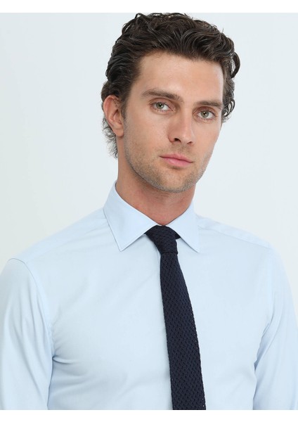 Mavi Düz Slim Fit Dokuma Klasik Pamuk Karışımlı Gömlek
