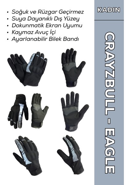 Crayzbull Eagle Gri Su ve Rüzgar Geçirmez Kışlık Kadın Motosiklet Eldiveni S