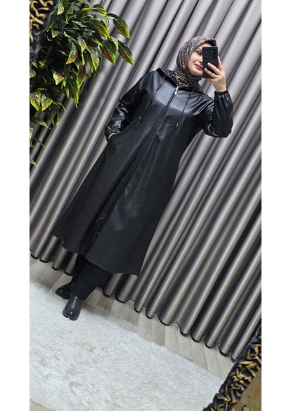 Kadın Büyük Beden Kapşonlu Fermuarlı Suni Deri Tesettür Kap Su Geçirmez Dış Giyim fırsatları