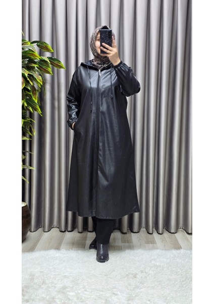 Kadın Büyük Beden Kapşonlu Fermuarlı Suni Deri Tesettür Kap Su Geçirmez Dış Giyim indirimleri