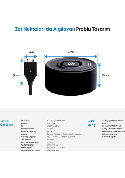Akıllı Su Kaçağı Dedektörü Problu, 100DB Alarm Sesli, Uygulama Bildirimli