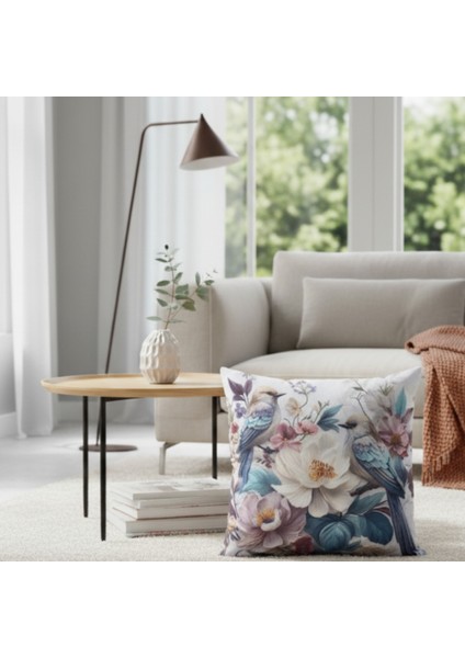 İçi Dolu Krep Örgü Üzerine Dijital Baskılı Kırlent 45x43 cm | Çiçekli Kuş Desenli Dekoratif Yastık modelleri