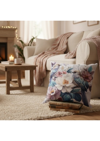 İçi Dolu Krep Örgü Üzerine Dijital Baskılı Kırlent 45x43 cm | Çiçekli Kuş Desenli Dekoratif Yastık fırsatları