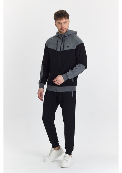 Pamuklu Kapüşonlu Siyah Erkek Eşofman Takımı 5294-S fırsatları