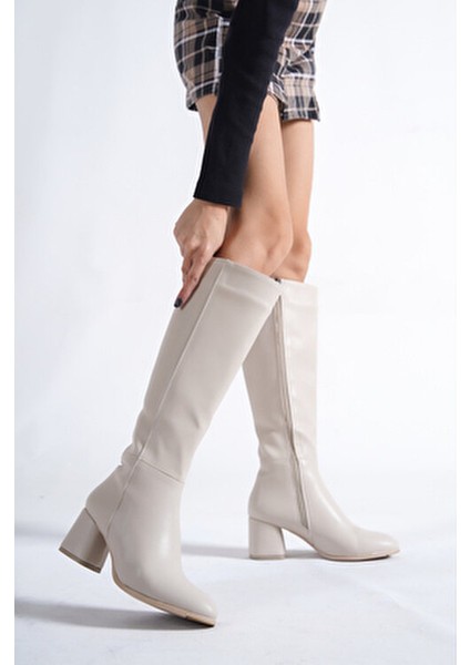 Kadın Çizme Suni Deri Kalın Topuk Oval Burun Yandan Fermuarlı