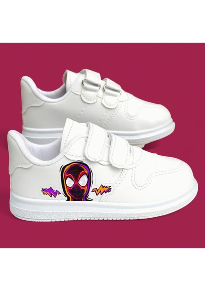 Renkli Örümcek Baskılı Beyaz Bantlı Çocuk Spor Ayakkabı Sneaker