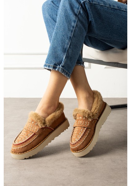 Liyi Kadın Kısa Içi Kürklü Hafif Tabanlı Taba Süet