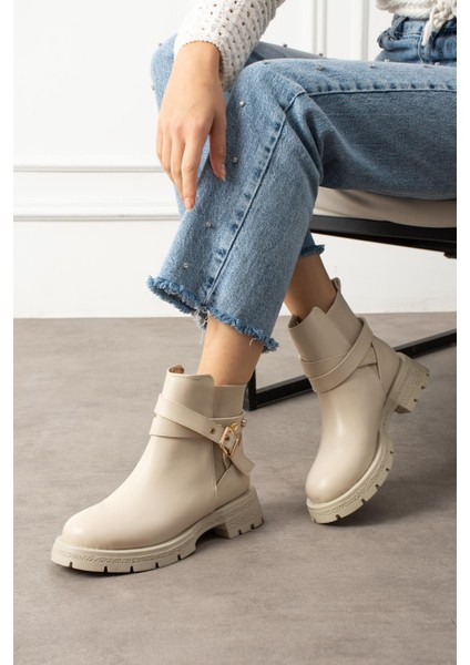 Hesva Kadın Bot Fermuarlı Tokalı Bantlı Bej Deri