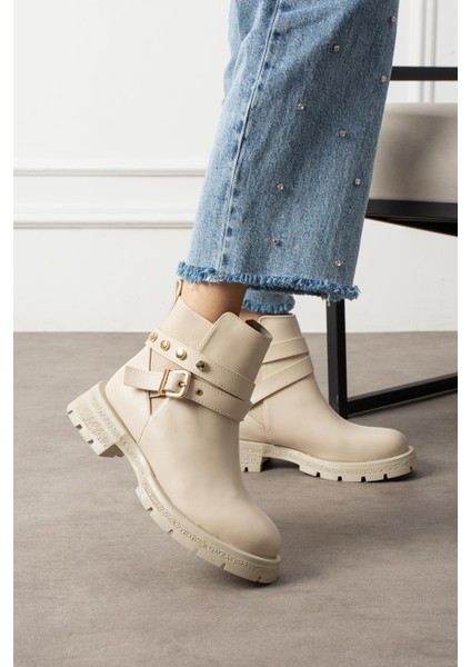 Hesva Kadın Bot Fermuarlı Tokalı Bantlı Bej Deri fiyatları