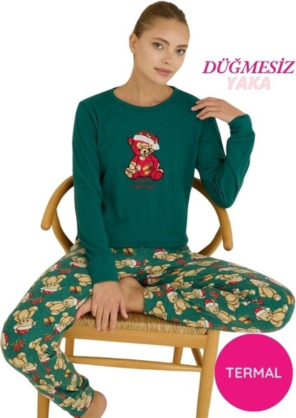 Kadın Bisiklet Yaka Düğmesiz Bilekler Lastikli/jogger Yumuşak Termal Kışlık Pijama Takımı