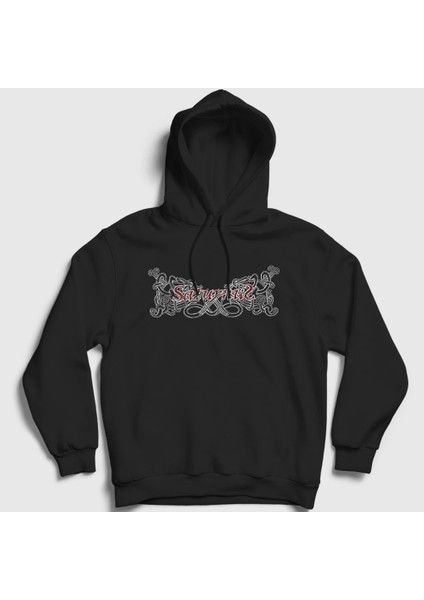 Unisex Siyah Logo Metal Saturnus Kapüşonlu Sweatshirt