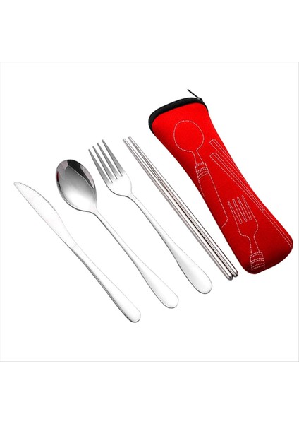 4pcs Set Yemek Takımı Taşınabilir Paslanmaz Çelik Kaşık Çatal Biftek Bıçağı Seti Çanta Kırmızı ile Seyahat Bıçak Takımı Sofra Takımı (Yurt Dışından)