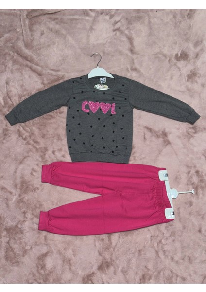 3-7 Yaş Pontiyeli Ikili Alt Üst Takım Gri Fuşya Kız Çocuk