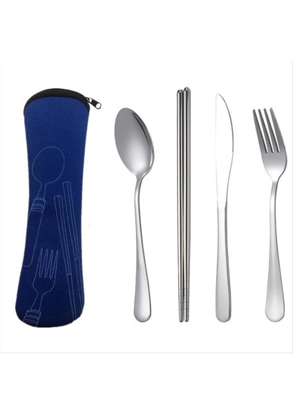 4pcs Set Yemek Takımı Taşınabilir Paslanmaz Çelik Kaşık Çatal Bıçağı Seti Seyahat Tat Takımı Sofra Takımı ile Çanta Koyu Mavi (Yurt Dışından)