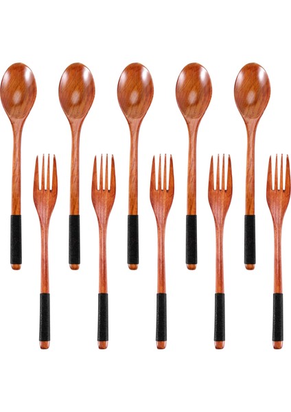 Ahşap Kaşık Çatalları Set Japon Tarzı Ahşap Eşyalar Ahşap Sofra Takımı Seti Yeniden Kullanılabilir (Siyah Kordonlar, 10 Parça) (Yurt Dışından)