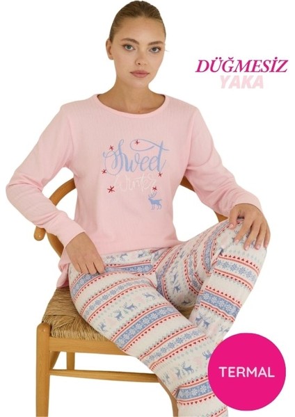 Kadın Bisiklet Yaka Düğmesiz Bilekler Lastikli/jogger Yumuşak Termal Kışlık Pijama Takımı