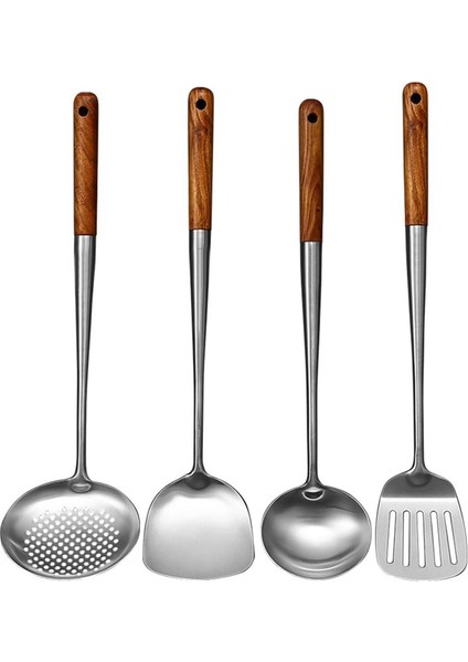 Uzun Saplı Paslanmaz Çelik Wok Spatula Mutfak Oluklu Turner Pirinç Kaşık Kepçe Pişirme Aletleri Gereç Seti (Yurt Dışından)