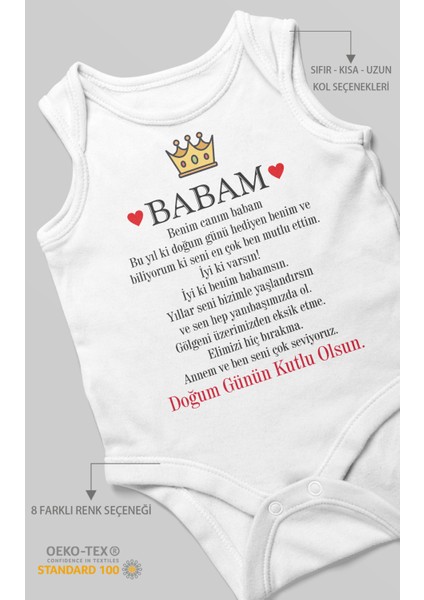 Babam Doğum Günün Kutlu Olsun Baskılı Bebek Zıbını – Çıtçıtlı Body 8 Renk | %100 Pamuk Sıfır Kol