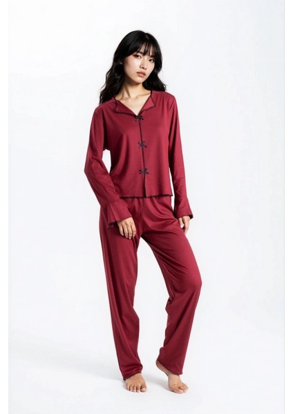 Kadın Bordo Raporlu Kaşkorse Doku Seoul Uzun Kol Üst Pantolon Pijama Takım