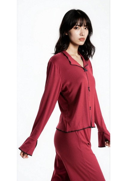 Kadın Bordo Raporlu Kaşkorse Doku Seoul Uzun Kol Üst Pantolon Pijama Takım fiyatları