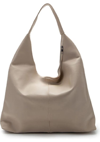 Oval Sap Ortası Dikişli Büyük Boy Fermuarlı Omuz Tote Çanta