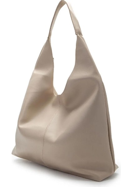 Oval Sap Ortası Dikişli Büyük Boy Fermuarlı Omuz Tote Çanta