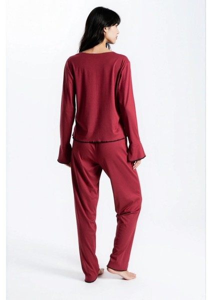 Kadın Bordo Raporlu Kaşkorse Doku Seoul Uzun Kol Üst Pantolon Pijama Takım fırsatları
