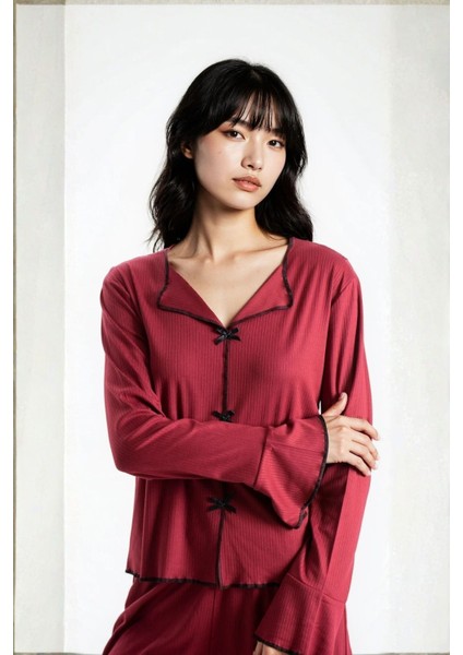 Kadın Bordo Raporlu Kaşkorse Doku Seoul Uzun Kol Üst Pantolon Pijama Takım