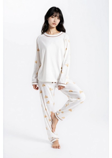 Kadın Ekru Study Cafe Looks Bis Yaka Pijama Takım