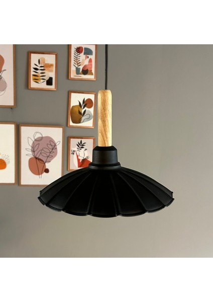 Risso Siyah Tekli Metal Avize Ahşap Başlık Cafe Mutfak Modern Dekoratif Sarkıt Aydınlatma