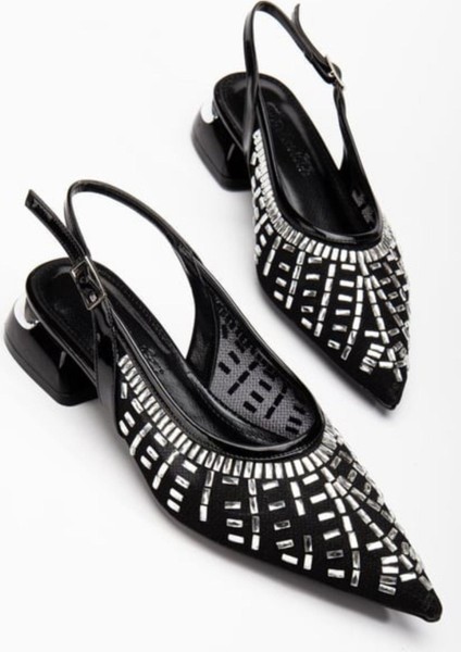 Piyar Siyah Taşlı Topuklu Ayakkabı