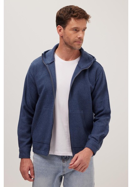 Erkek Relax Fit Rahat Kesim Fermuarlı Çift Cep Kapüşonlu Indigo Ceket Gömlek