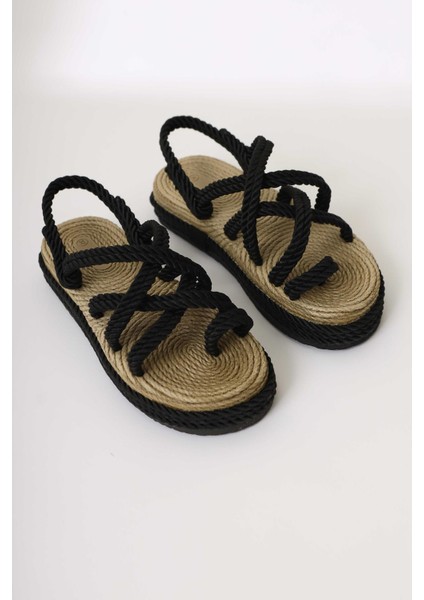 Spresa Siyah Kalın Tabanlı Halat Sandalet modelleri