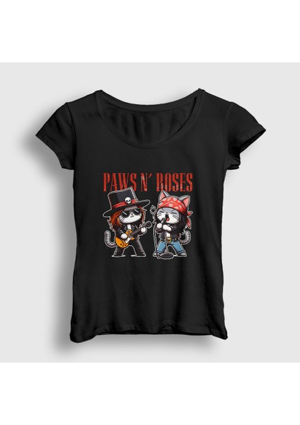 Kadın Siyah Paws N' Roses Guns N' Roses Kedi Kedili T-Shirt