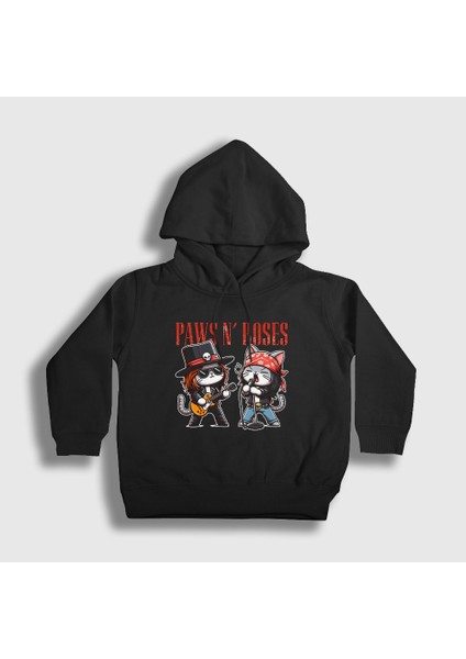 Unisex Çocuk Siyah Paws N' Roses Guns N' Roses Kedi Kedili Kapüşonlu Sweatshirt