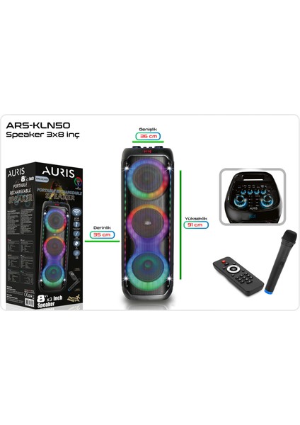 ARS-KLN50 40W - 3 x 8 Inç Profesyonel Dev Boy Bluetooth Parti Hoparlör - Rgb Işıklı Kablosuz Mikrofon ve Kumanda