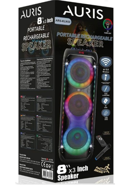 ARS-KLN50 40W - 3 x 8 Inç Profesyonel Dev Boy Bluetooth Parti Hoparlör - Rgb Işıklı Kablosuz Mikrofon ve Kumanda fiyatları