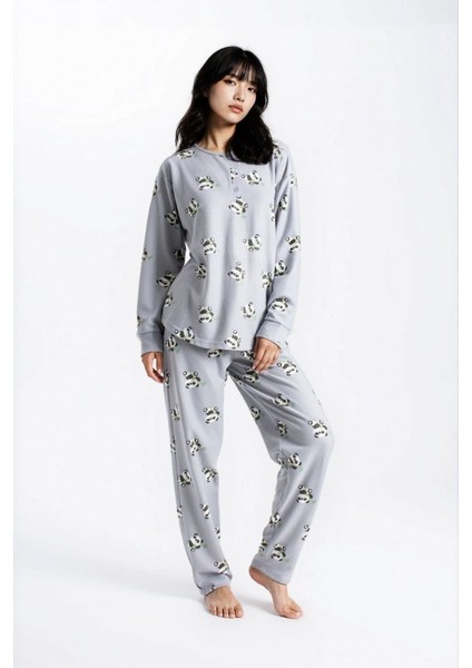 Kadın Gri Melanj Waffle Panda Kingdom Desenli Uzun Kol Pantolon Pijama Takım