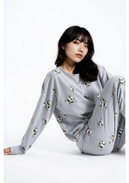 Kadın Gri Melanj Waffle Panda Kingdom Desenli Uzun Kol Pantolon Pijama Takım fiyatları