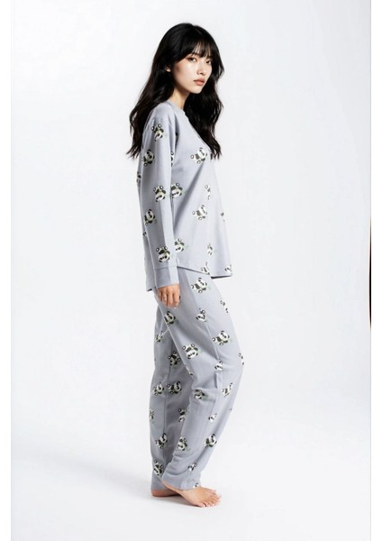 Kadın Gri Melanj Waffle Panda Kingdom Desenli Uzun Kol Pantolon Pijama Takım modelleri