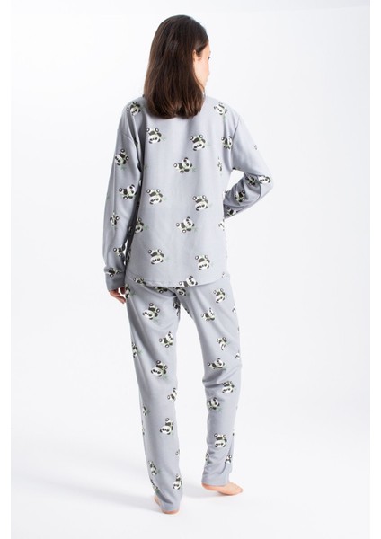 Kadın Gri Melanj Waffle Panda Kingdom Desenli Uzun Kol Pantolon Pijama Takım fırsatları