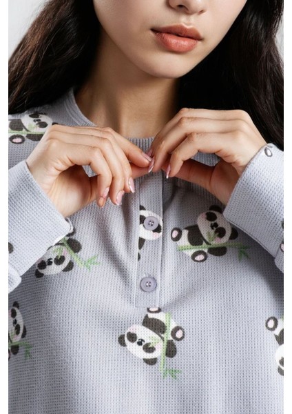 Kadın Gri Melanj Waffle Panda Kingdom Desenli Uzun Kol Pantolon Pijama Takım indirimleri