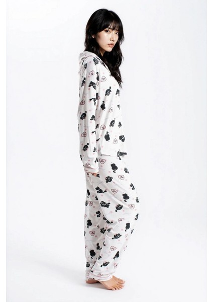 Kadın Ekru Kedi Raporlu Kaşkorse Doku Seoul Uzun Kol Üst Pantolon Pijama Takım modelleri