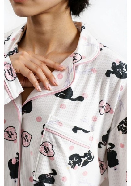 Kadın Ekru Kedi Raporlu Kaşkorse Doku Seoul Uzun Kol Üst Pantolon Pijama Takım indirimleri