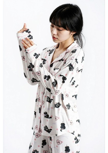 Kadın Ekru Kedi Raporlu Kaşkorse Doku Seoul Uzun Kol Üst Pantolon Pijama Takım