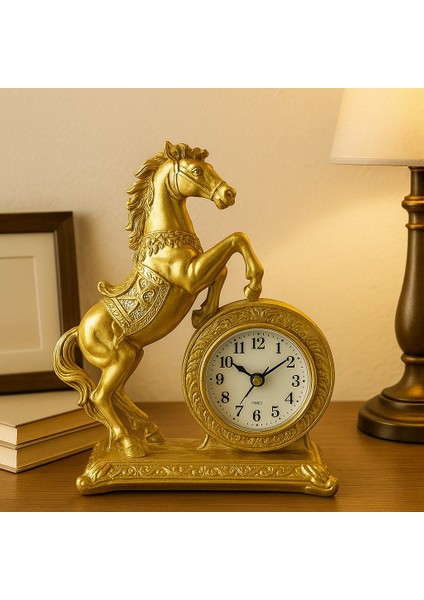 Altın Renk At Figürlü Masa Saati – 22X17 cm Dekoratif ve Şık Tasarım Premium Hediye